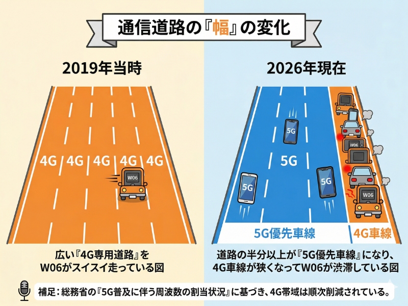 4G専用帯域が5Gへ転用されることで、W06などの4G端末が利用できる帯域幅が減少していることを示す比較図