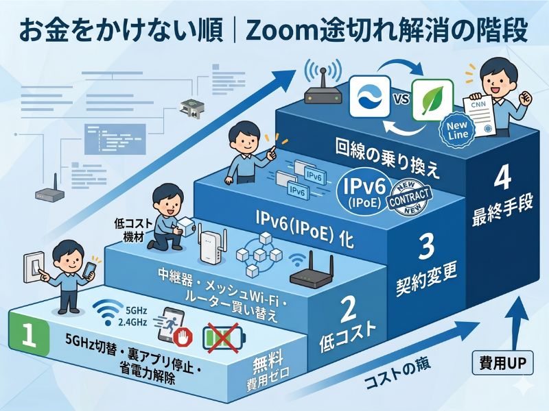お金をかけない順｜Zoom途切れ解消の階段