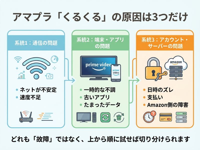アマプラ「くるくる」の原因は3つだけ