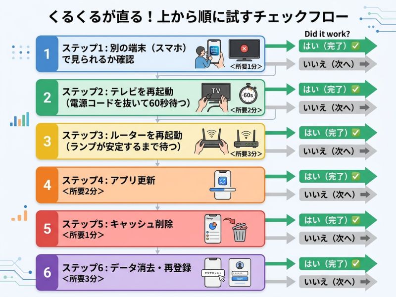「上から順に試す」縦型ステップフロー図