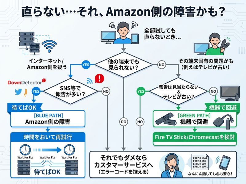 「自分側の原因」か「Amazon側の障害」かを見分ける簡易チャート