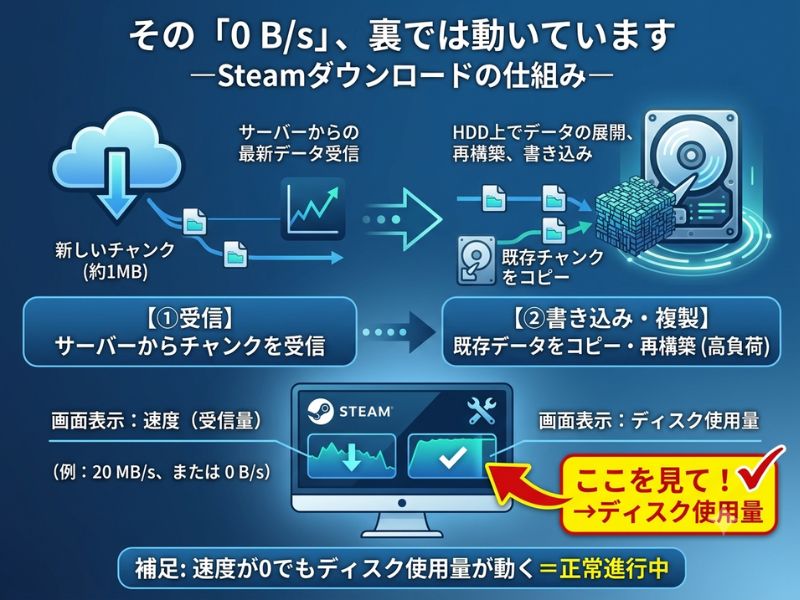 Steamダウンロードの「二段構え」と、見るべき指標の対比図