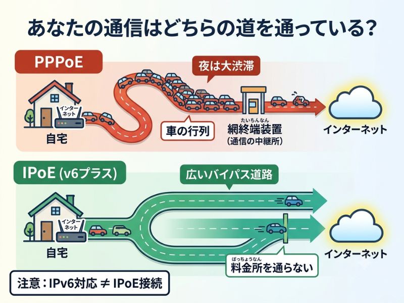 PPPoE接続は網終端装置で渋滞が起きやすく、IPoE接続は混雑地点を迂回できることを示す比較図
