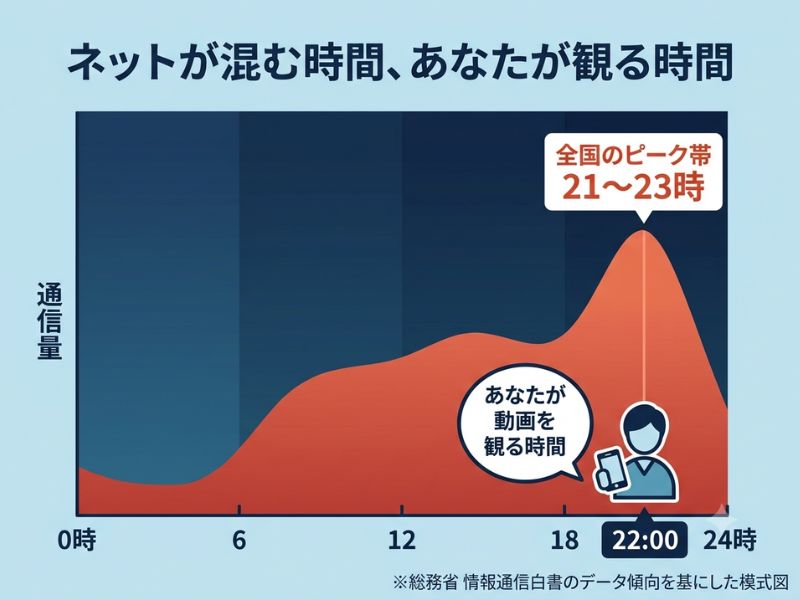 インターネット通信量は21時から23時がピーク。夜のスマホ動画視聴時間と混雑時間帯が重なることを示す模式図