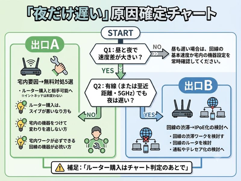 昼夜の速度比較と有線テストで、夜だけWi-Fiが遅い原因が宅内要因か回線混雑かを判定する診断フローチャート